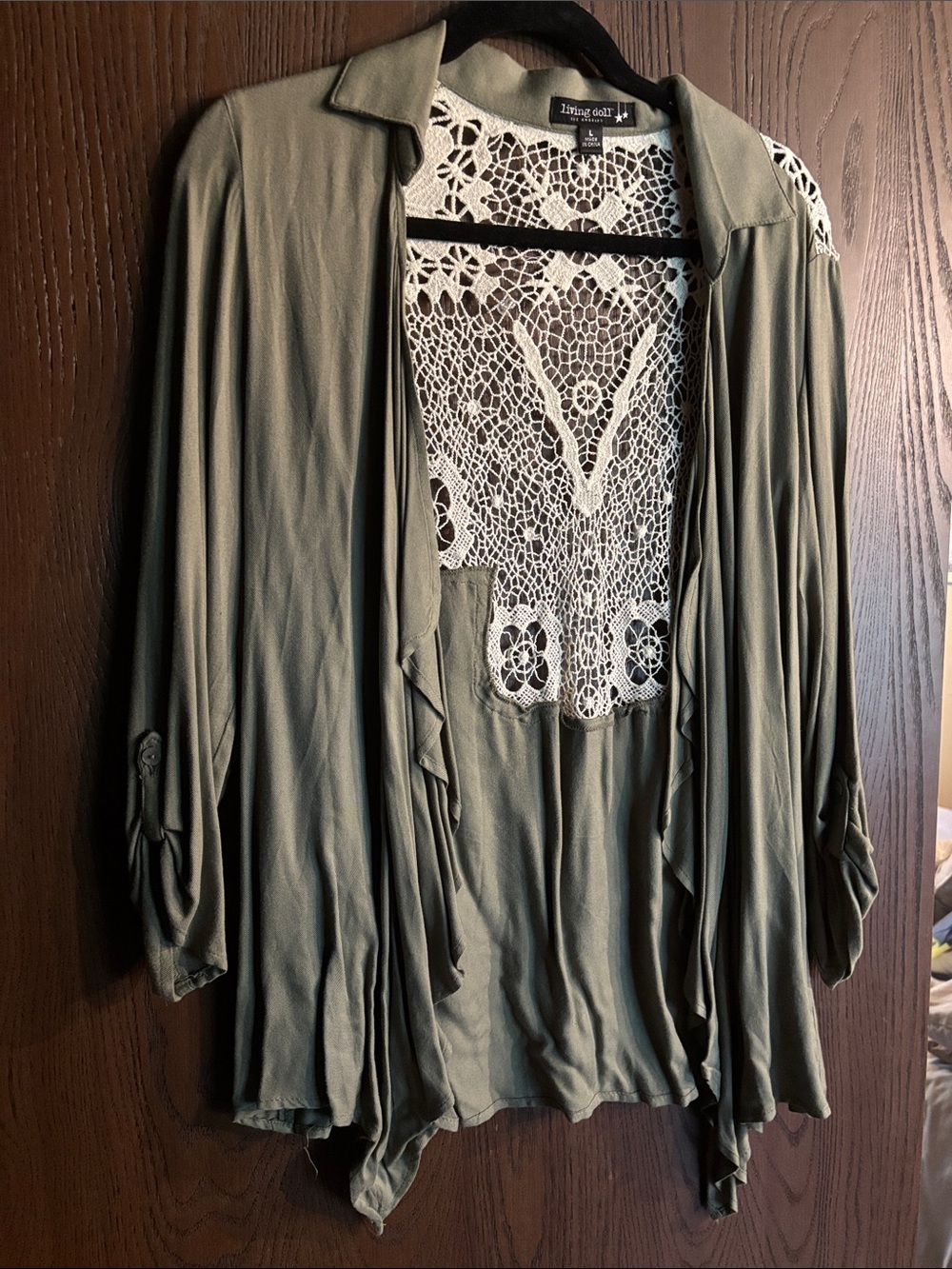 living doll Olive Green Open-Front Cardigan with White Crochet Back